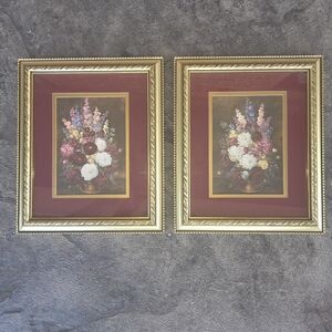 Vintage Glynda Turley Set Of Two Gold Framed Matted Burgundy Floral Art Prints